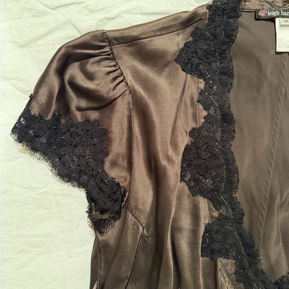 Vintage Silky Chocolate Brown Lace-Trim Wrap Top Y2K - Picture 3 of 6